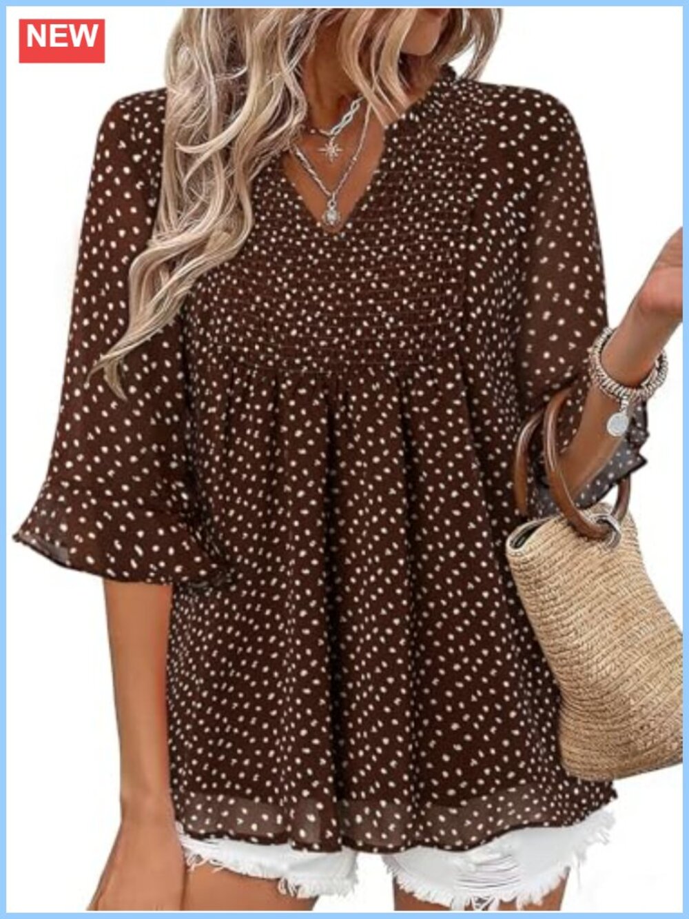 Women Chiffon V-Neck Ruffle Blouse Floral Print 3/4 Sleeve Flowy Summer Top